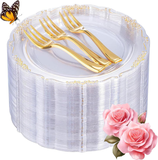 LIYH 200 Pcs Clear Gold Plastic Dessert Plates 7.5"and Cake Forks 5" - Clear Small Cake Plastic Plates and Gold Forks for Parties Wedding Birthday