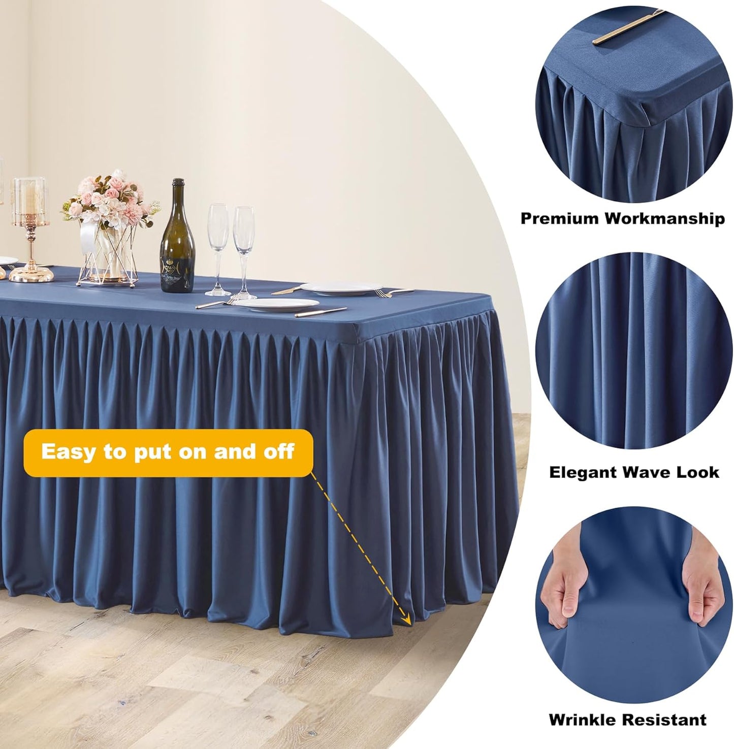 Navy Blue Table Clothes for Rectangle Tables 6ft, Wrinkle Resistant Fitted Table Cloth with Pleated Ruffle Skirts for Banquet Wedding Baby Shower Folding Tables