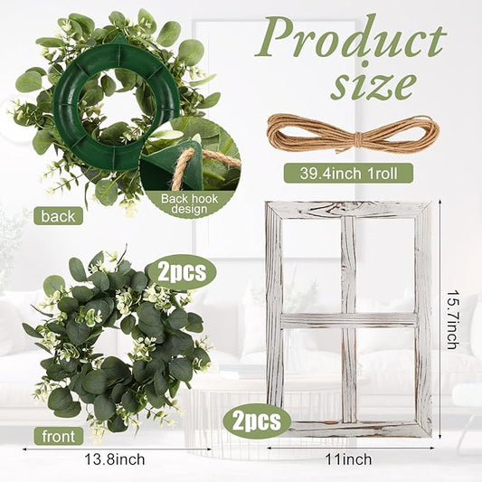 4 Sets 67 Pcs Farmhouse Wall Decor Set Rustic Window Frame Wall Decor with Eucalyptus Wreath and Metal Walls Planters Vintage Farmhouse Walls Art for Living Room Entryway(Square)