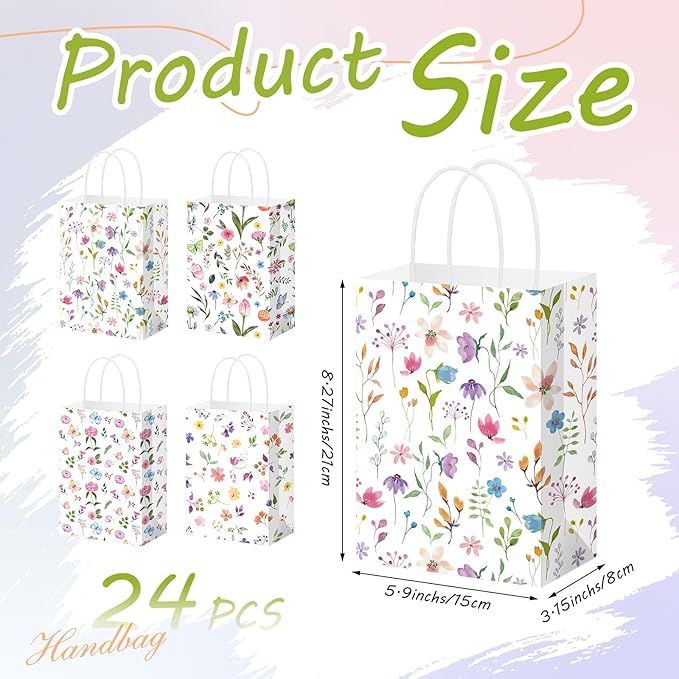 Gilprop 24 Pcs Wildflower Paper Gift Bags Spring Floral Candy Goodie Treat Bags Easter Flower Party Favor Bag with Handle for Mother's Day Birthday Party Bridal Shower Wedding Gift Wrapping Supplies