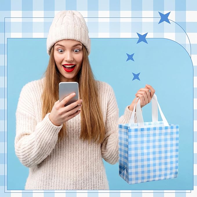 Sweetude 16 Pcs Blue White Checkered Gift Bags with Handles Gingham Blue and White Party Favors Non-woven Reusable Tote for Women Wedding Birthday Baby Shower Mother's Day Party Decorations