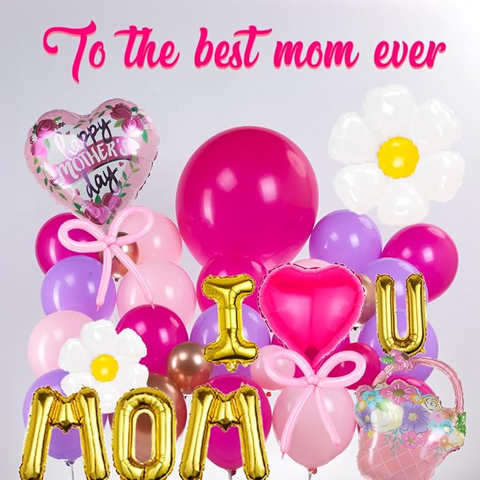 Mothers day Balloon Garland Kit Hot Pink and Rose gold Rustic Elegant Party Decorations with Foil Heart Letters Floral Basket Daisy Balloons for Indoor Outdoor Premium Party Supplies