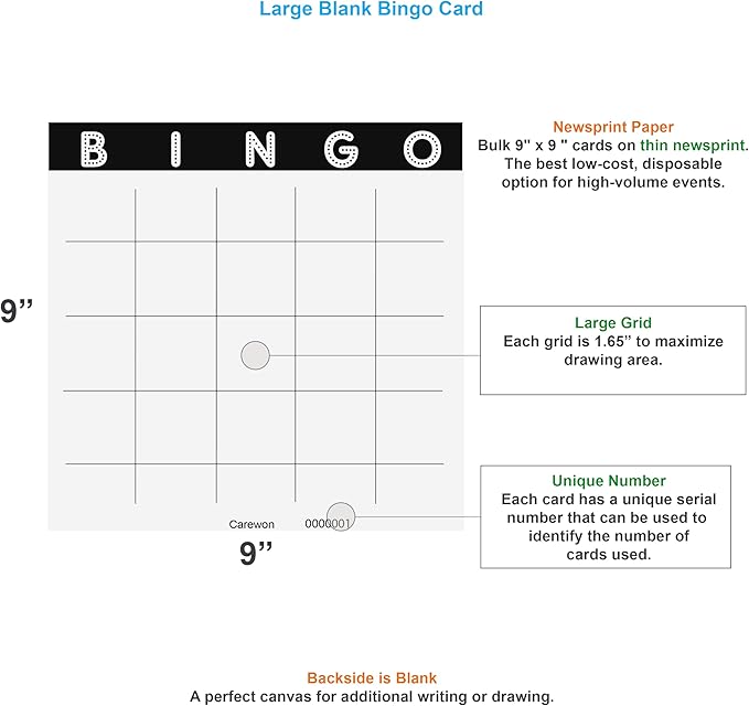 Carewon 50 Blank Bingo Cards, 9" x 9", Large - Disposable Paper Bingo Sheets for Classroom, Parties & Events