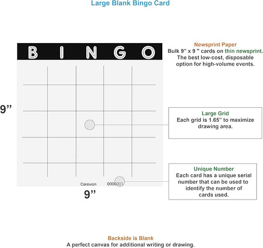 Carewon 50 Blank Bingo Cards, 9" x 9", Large - Disposable Paper Bingo Sheets for Classroom, Parties & Events