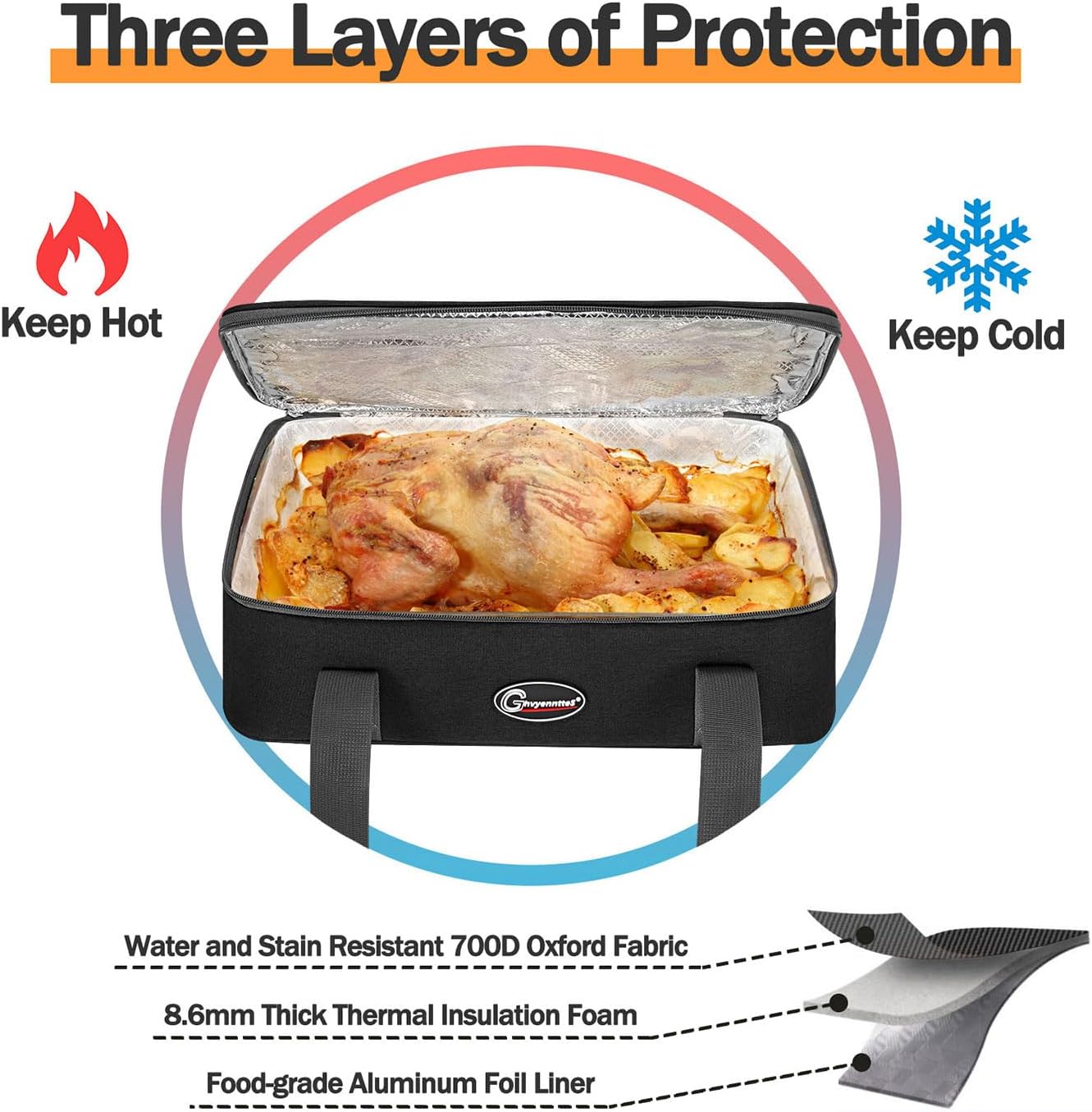 GhvyenntteS Insulated Casserole Carrier for Hot or Cold Food, Collapsible Insulated Food Carrier Lasagna Lugger Tote for Potluck Parties/Picnic/Travel, Fits 9"x13" Baking Dish, Black