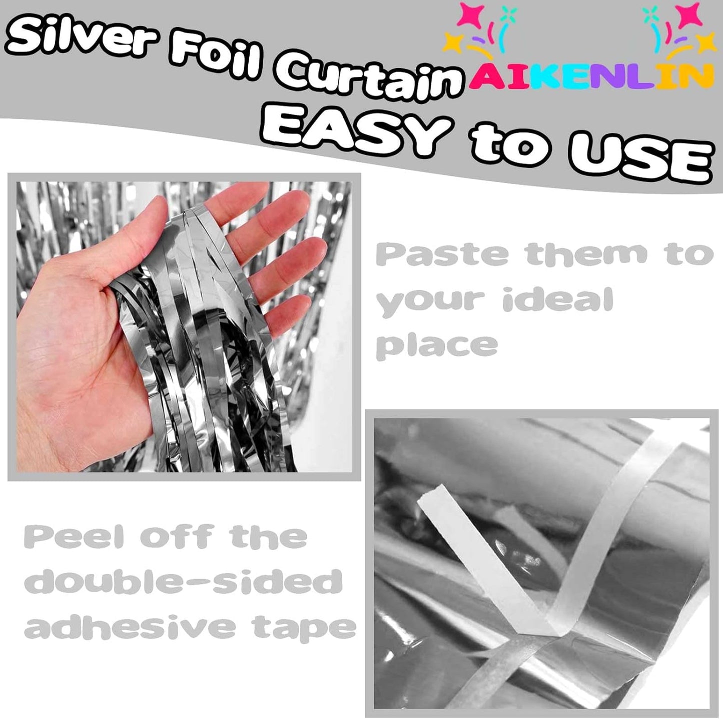 4 Pack 3.3Ft x 6.6Ft Silver Foil Fringe Curtain Backdrop, Metallic Tinsel Foil Fringe Streamers Curtains Background for Photo Booth, Birthday, Wedding, Halloween, Christmas Party Decoration