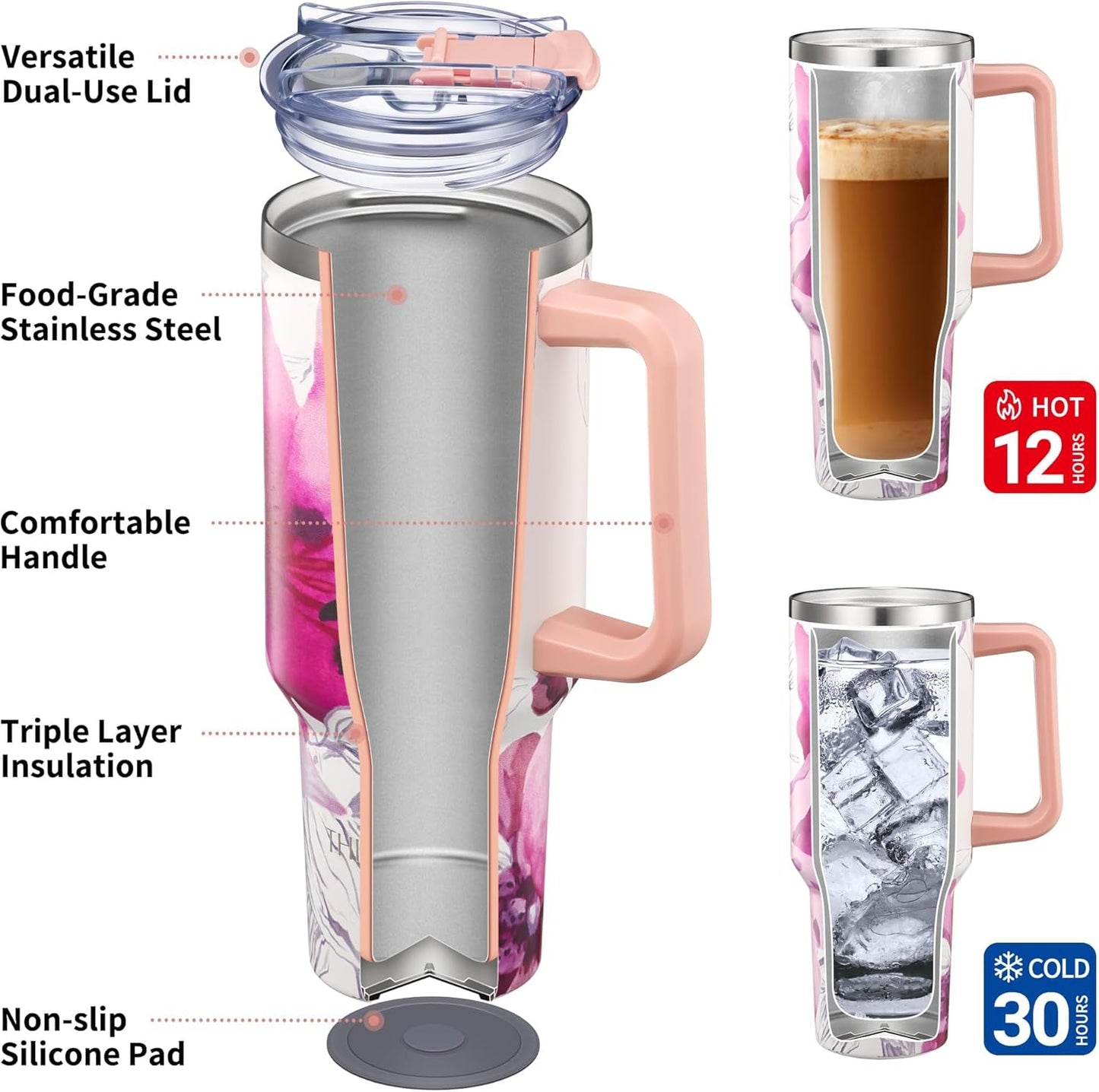 THILY 40 oz Stainless Steel Tumbler with Handle - Vacuum Insulated Travel Cup, Splash-Proof & Leakproof Lid, 2 Straws & Brush | Keeps Cold 34H/Hot 12H, Cupholder Friendly, Lotus Flower