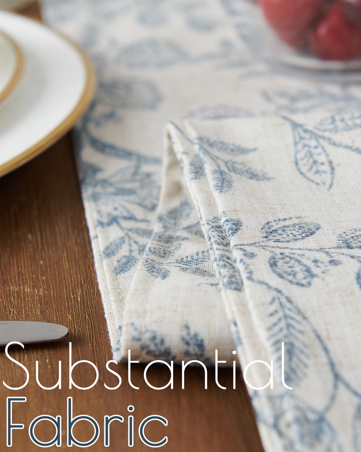 jinchan Spring Table Runner Linen Farmhouse Table Cloth Blue Floral Decorative 72 Inch Botanic Printed Burlap Handcrafted Flax Coffee Table Decor 1 Panel Blue on Beige