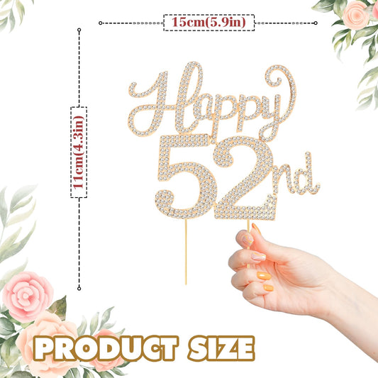 Happy 52nd Birthday Decorations,52nd Birthday Gold Rhinestone Cake Topper - Cheers to 52 Years Old Bday Party Metal Sparkly Cake Centerpieces Sign.