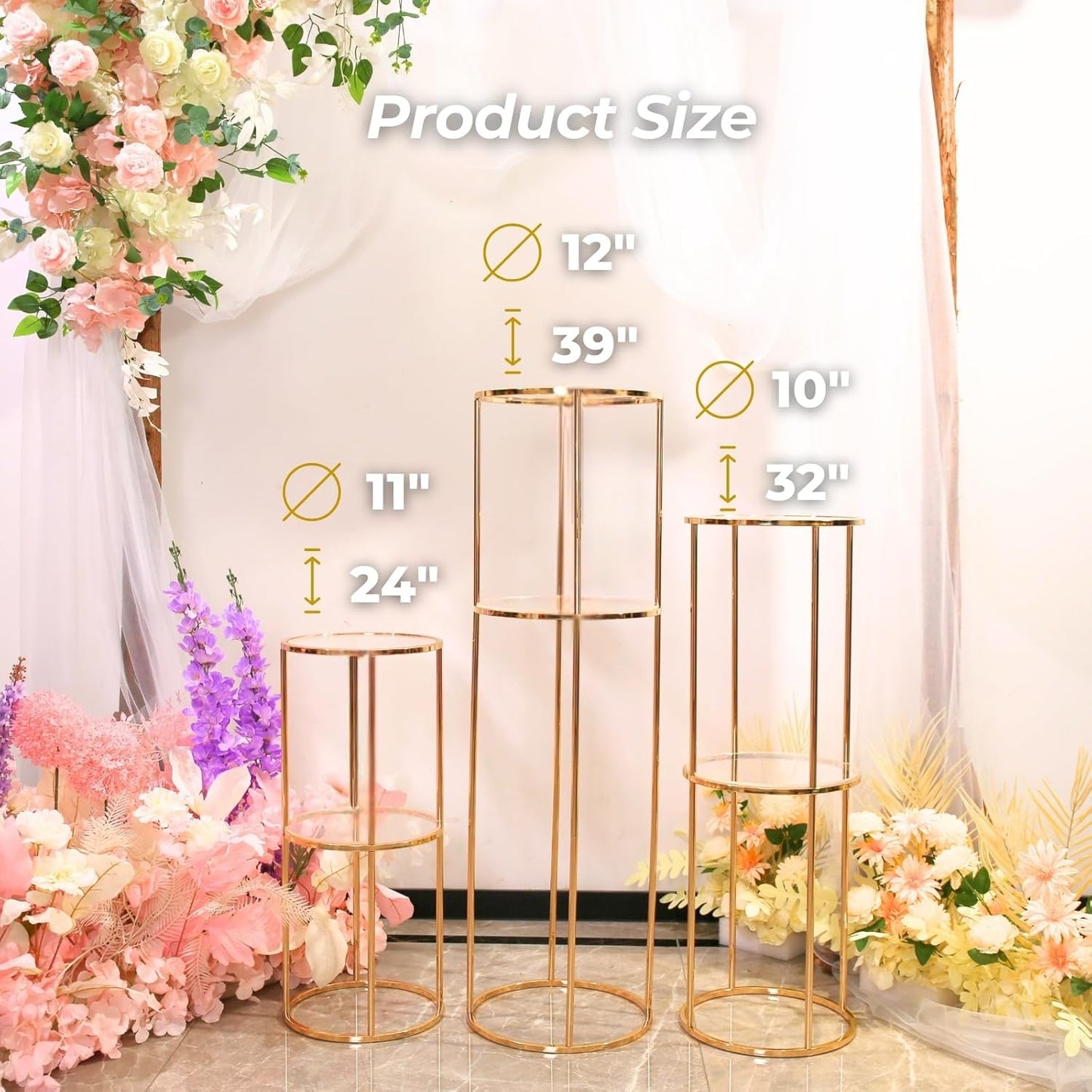 3PCS 2 Tier Round Gold Cake Stand for Party, Tall Metal Pedestal Stands for Display Decoration, Flower, Plant, Birthday, Wedding, Baby Shower, Bridal Shower, Cylinder Column for Desserts