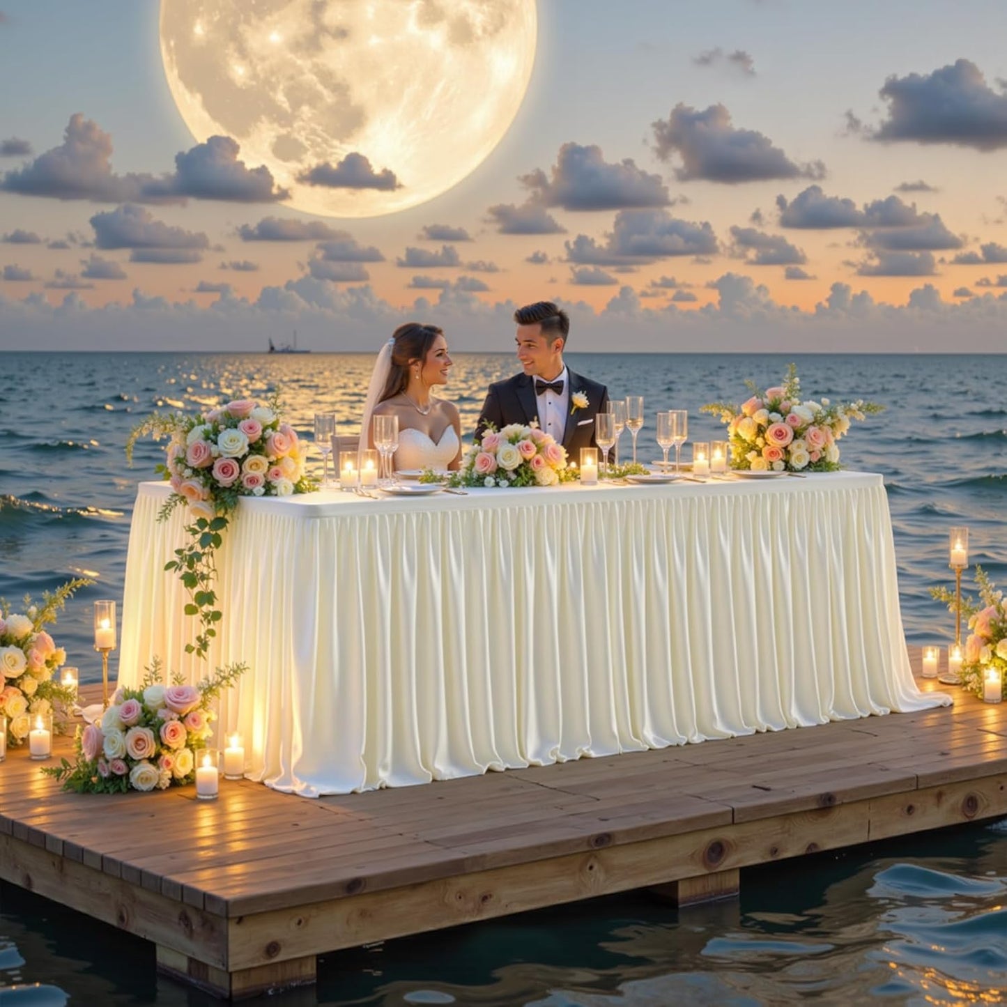 Cream White Polyester Table Clothes for 8 Foot Rectangle Tables, Wrinkle Free Fitted Table Cover with Pleated Ruffle Table Skirt for Birthday Party Wedding Trade Show Event Display