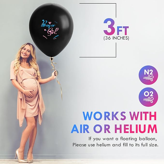 Jumbo 36 Inch Gender Reveal Balloons - 2pcs Big Black Gender Reveal Confetti Balloons with Pink and Blue Heart Shape Confetti for Boy or Girl Baby Shower ideas Decoration