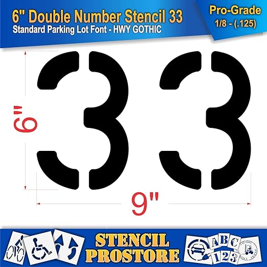 Pavement, Curb, and WheelStop Stencils - 6 inch Double Number Stencil - (33) - 6" x 9" x 1/8" (128 mil) - Pro-Grade