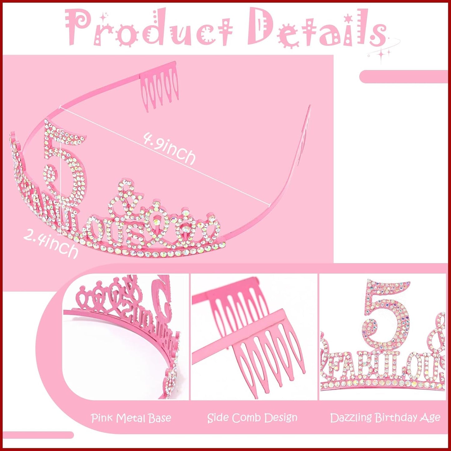 5th Birthday Decorations for Girls Set - Happy 5th Birthday Princess Crown and Glitter Sash, 5 Year Old Girl Tiara Party Decorations Supplies Outfit Accessory Gifts