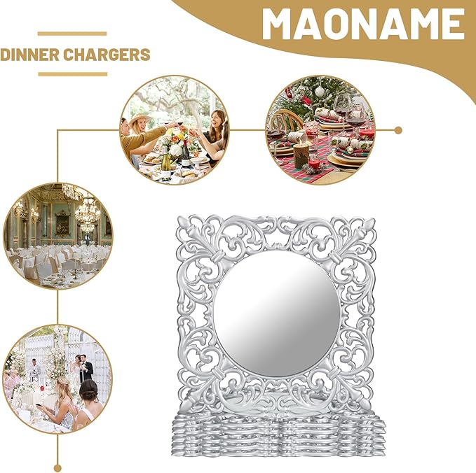 MAONAME 12" Silver Charger Plates Set of 6, Mirror Charger for Dinner Plates, Plastic Plate Chargers with Embossed Rims, Square Chargers for Table Setting, Wedding