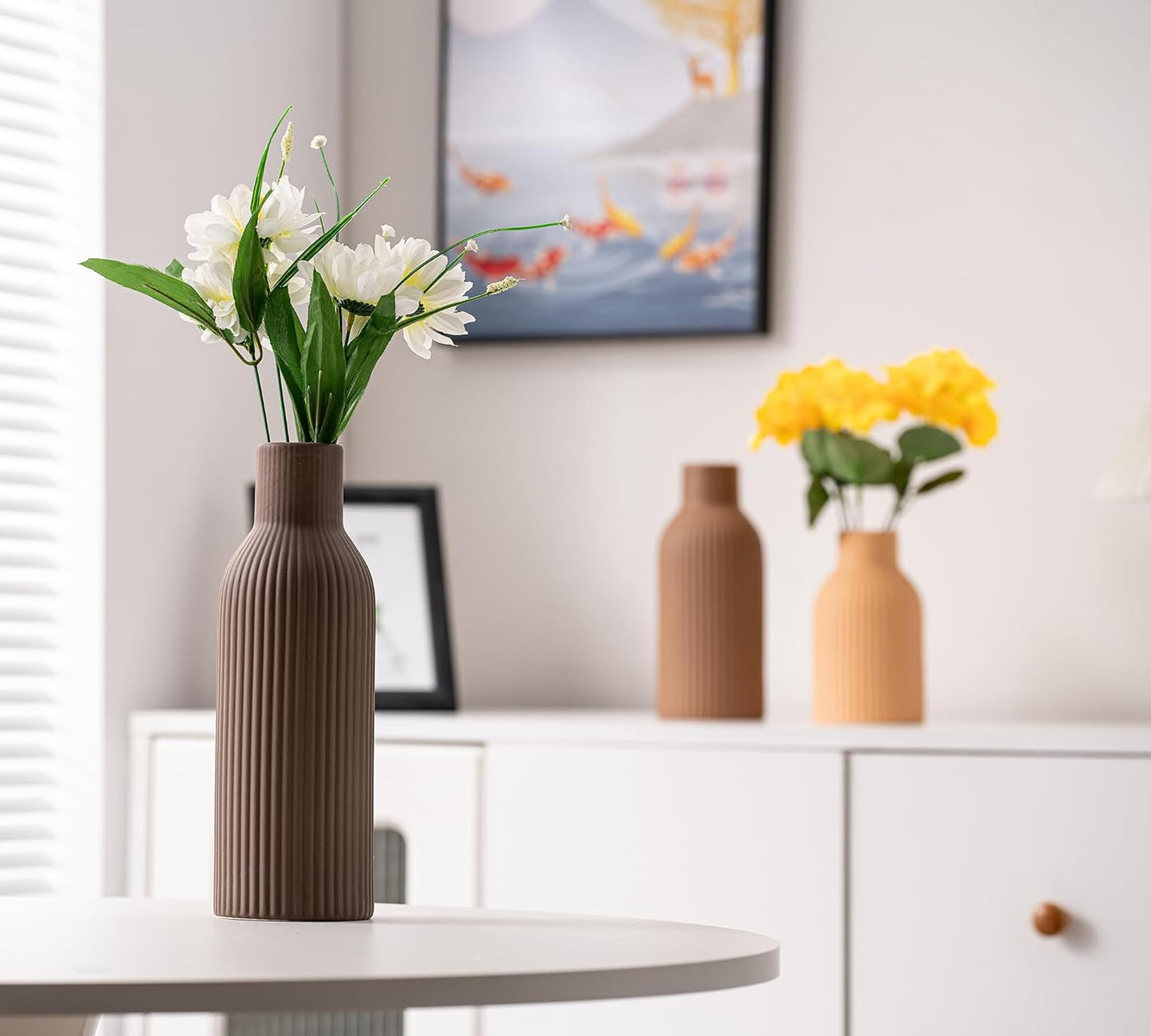 Ceramic Vase Set of 3, Modern Minimalist Ribbed Small Flower Vase Table Centerpiece Decorative for Home Decor Farmhouse Christmas Colorful
