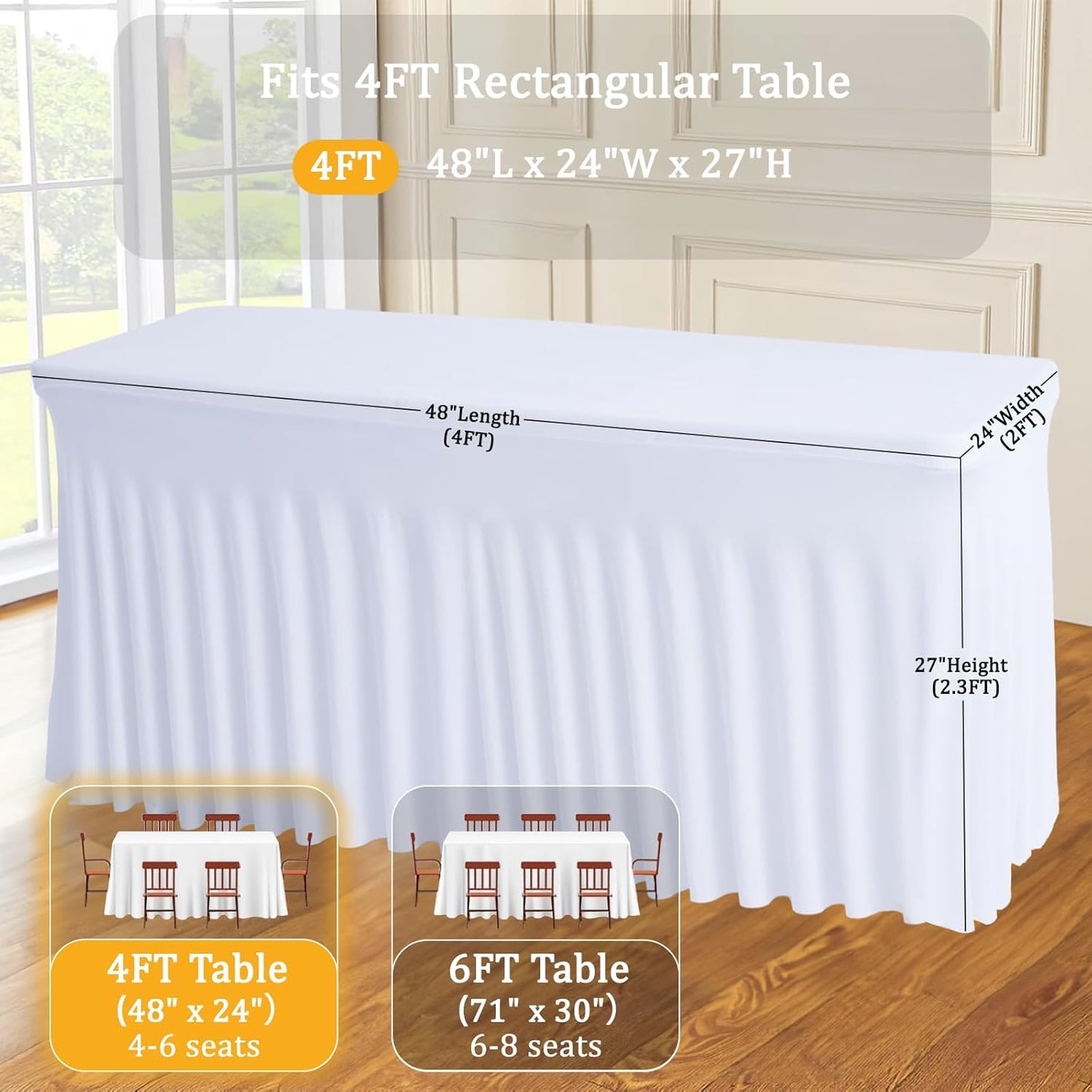 JCJ Table Skirt for Rectangle Tables Set of 2 Spandex Fitted White Tablecloths for 4FT Tables, Wrinkle Resistant Ruffles Elastic Table Cover Skirts for Teacher Desk Weddings Banquets Parties