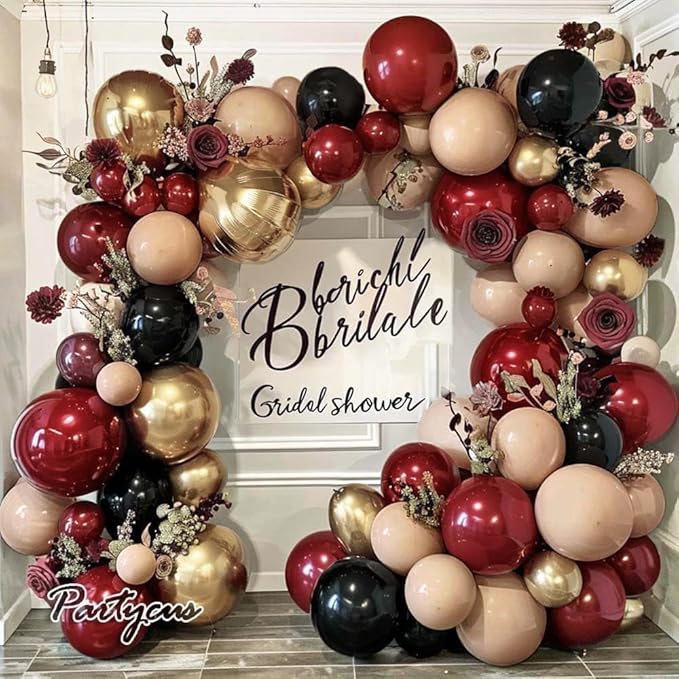 Burgundy Black Balloon Arch Kit Double Stuffed Nude Maroon Metallic Wine Red Apricot Balloon Garland with Gold Latex for Birthday Anniversary Wedding Bridal Graduation Mother's Day Party Decoration