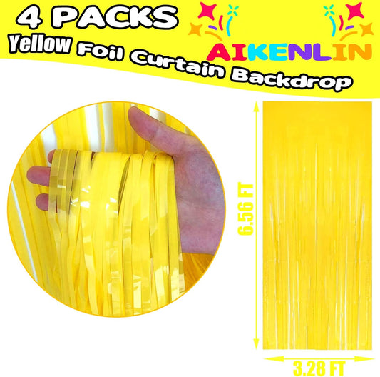 4 Pack 3.3Ft x 6.6Ft Yellow Foil Fringe Curtain Backdrop, Metallic Tinsel Foil Fringe Streamers Curtains Background for Photo Booth, Birthday, Wedding, Halloween, Christmas Party Decoration