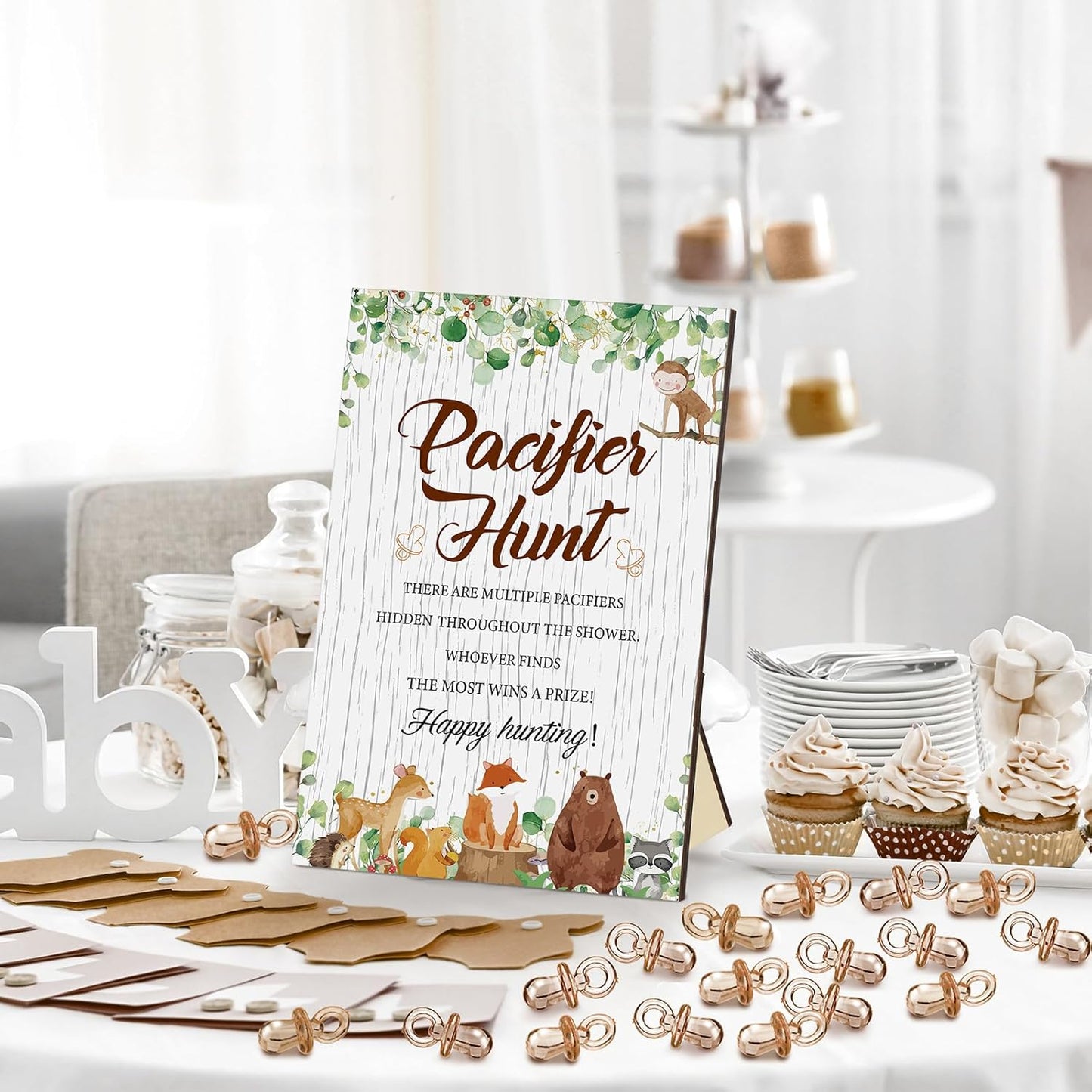 Thyle 51 Pcs Pacifier Hunt Baby Shower Games Include Hunt Sign and 50 Acrylic Pacifiers for Baby Shower Game Decoration Gift Sets Gender Reveal Party Decor (Woodland Animals)