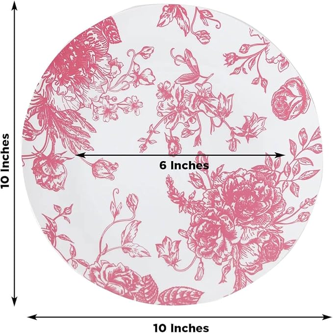 Efavormart 10-Pack French Toile Plastic Dinner Plates – Pink & White Floral, 10" Round Disposable Party Plates