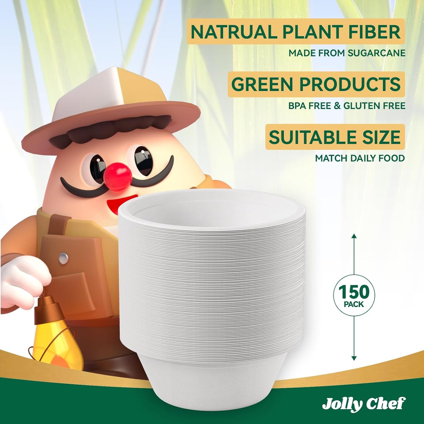 JOLLY CHEF Compostable Disposable Paper Bowl [12 oz] Heavy Duty Soup Containers [150 Pack] Biodegradable Bagasse Hot Cold Food Eco-Friendly Sugarcane Microwavable Bowls for Salad Dessert Milk Cereals