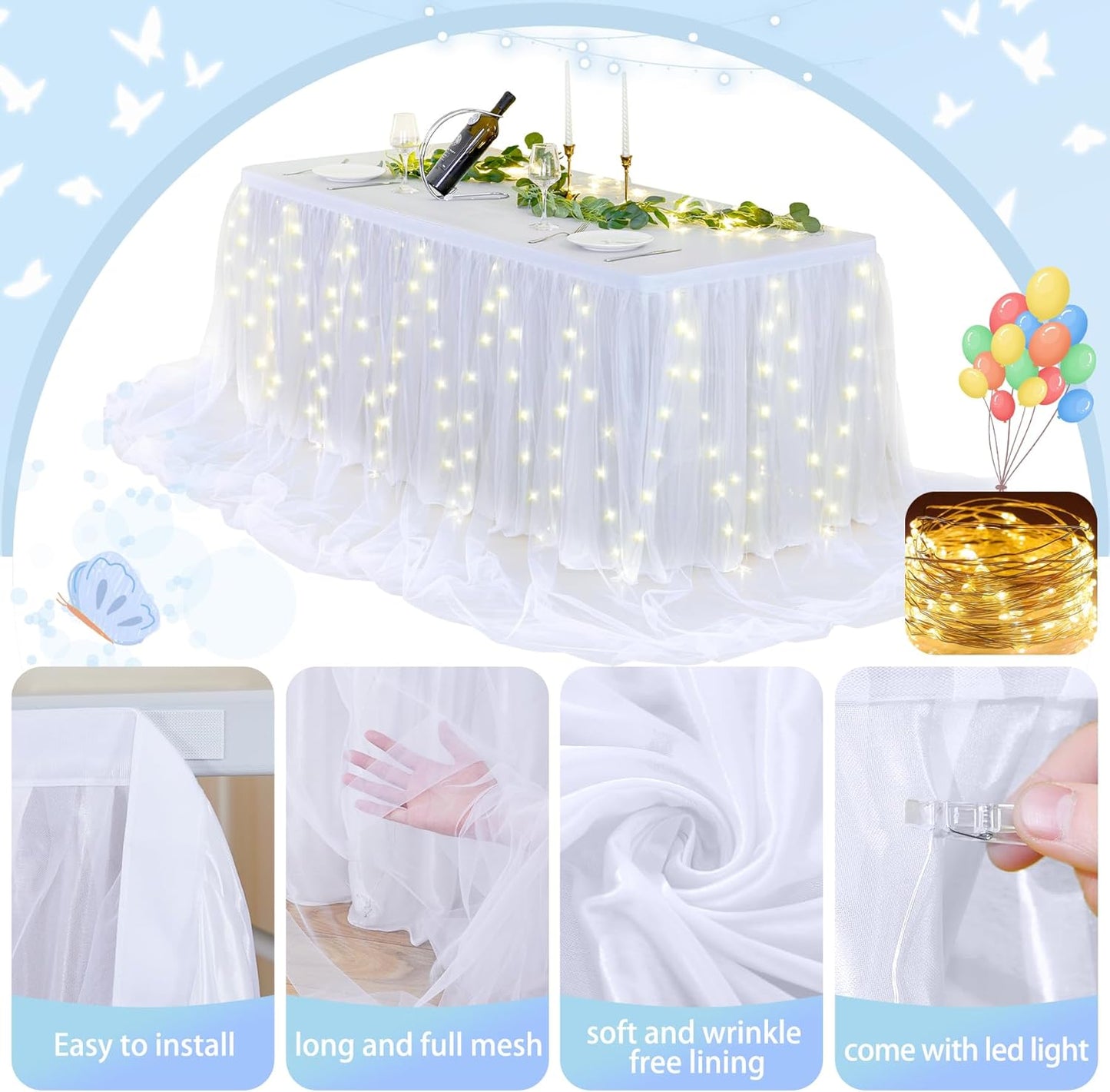 6FT White Tulle Table Skirt for Rectangle or Round Tables White Tutu Table Skirt with LED Lights for Princess Birthday Party Baby Shower Gender Reveal Wedding Banquet Cake Dessert Decorations