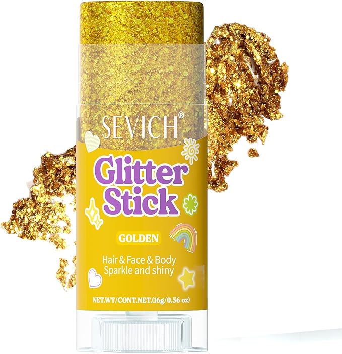 SEVICH Glitter Stick Glod for Face Body Hair,Skin Safe Waterproof Sparkle with No Glue Needed,Easy to Apply and Remove for Parties Festivals Makeup,15g