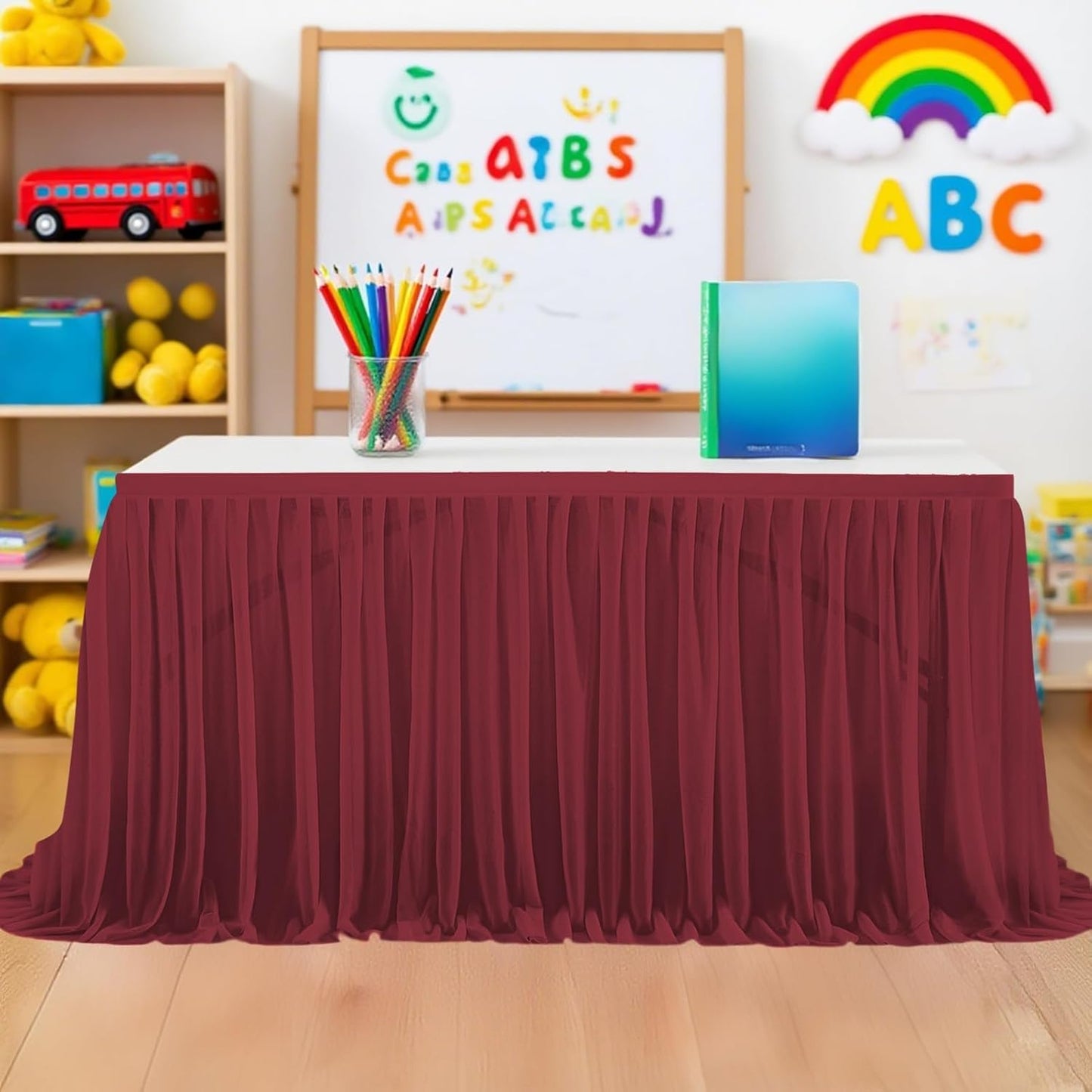 9FT Tulle Table Skirt for Teacher Desk Rectangular Ruffle Table Back to School Supplies for Kindergarten Preschool Middle School Classroom Decor, Wine Red