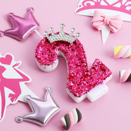 Hot Pink Birthday Candles Crown Number 2 Candle 2nd Birthday Party Decorations Cake Topper Cupcake Decor for Anniversary Celebrations Supplies