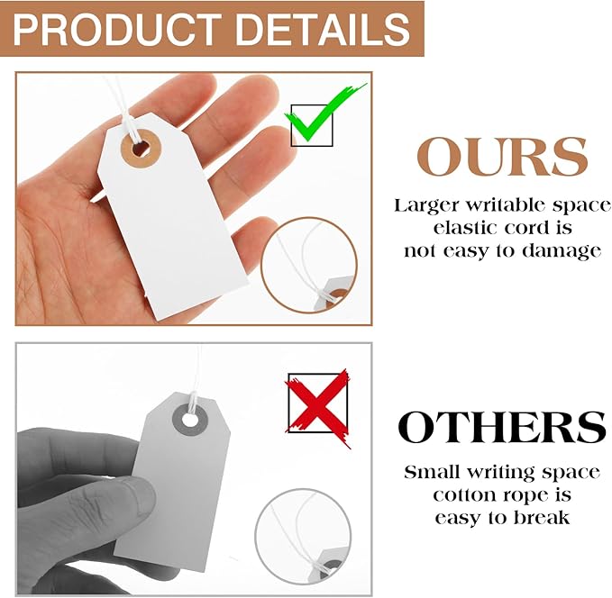 Nogeqi 100 Pcs White Price Tags With String Attached - Large Paper Tags for Pricing, Labeling Gift, Clothing, Inventory - Reinforced Hole