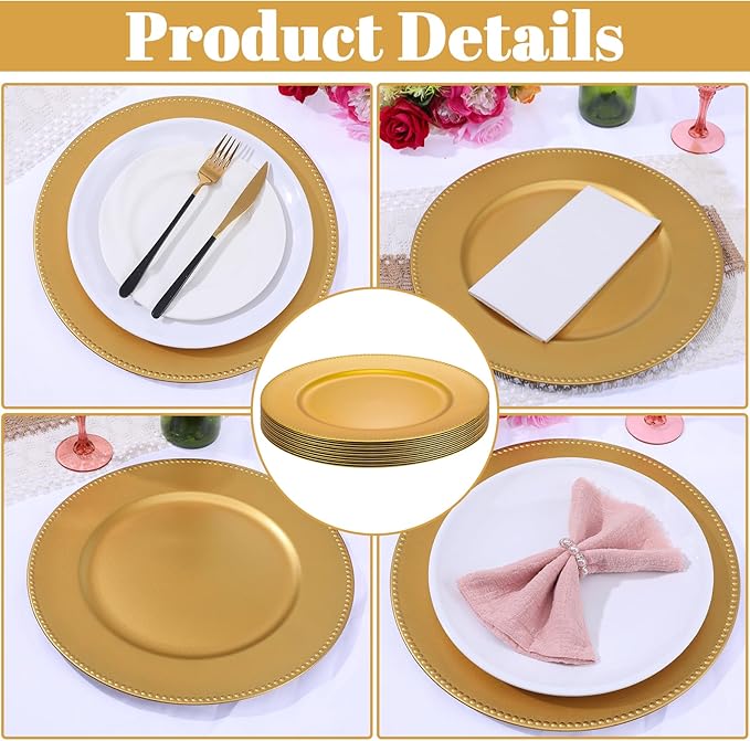12 Pack Gold Plastic Charger Plates, 13 Inch Round Beaded Decorative Dinner Chargers for Wedding, Party, Table Setting and Event Decor