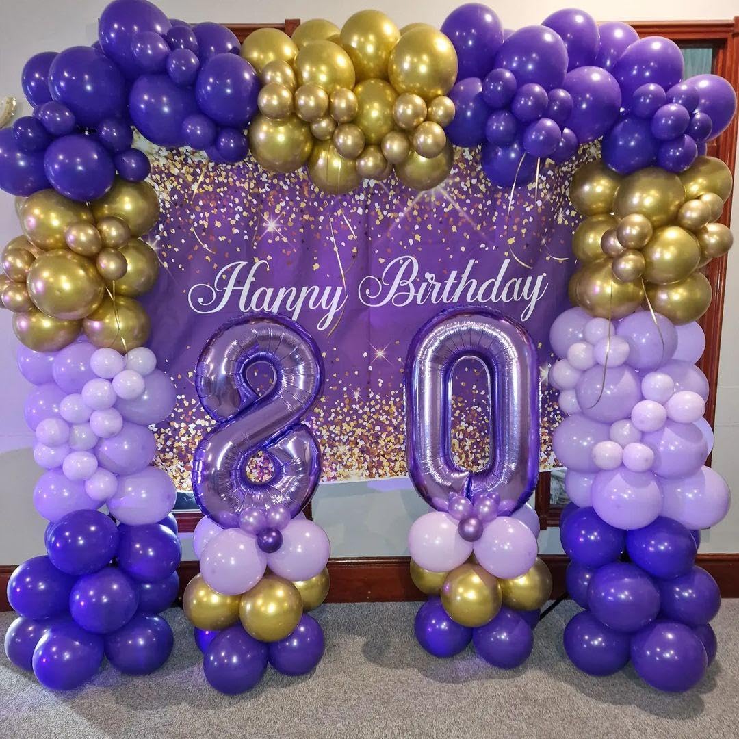 Purple and Gold Balloons Arch Kit, 140Pcs Dark Purple Metallic Gold Lavender Lilac Metallic Purple with Confetti Balloons for Baby Shower Girl Princess Party Women Birthday Wedding Decorations