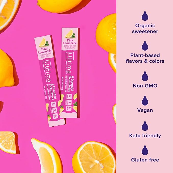 Ultima Replenisher Daily Electrolyte Powder Drink Mix – Sugar Free – Pink Lemonade, 20 Stickpacks – Hydration Packets with 6 Electrolytes and Trace Minerals – Keto Friendly, Vegan, Non-GMO