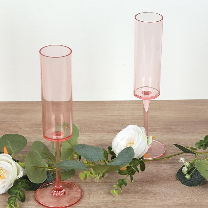 Efavormart 6 Pack Transparent Blush Reusable Plastic Champagne Flute Glasses in Cylindrical Shape, 6oz Wine Mimosa Glass Goblets with Long Stems - 9.5" Tall