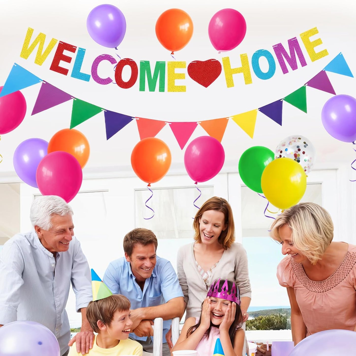 Welcome Home Decorations,Color Welcome Home Balloons Banners Set,Rainbow Welcome Home Glitter Banner with Confetti Balloons,Pennant Flag Bunting for Home Family Baby Shower Welcome Back Party Supplies