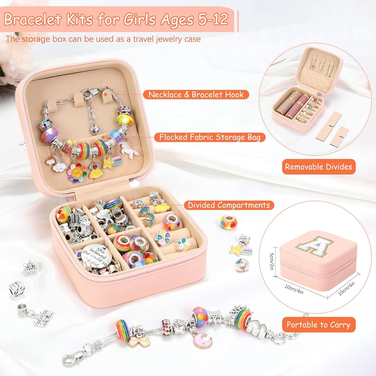 Charm Bracelet Making Kit for Girls 8-12, Kids Jewelry Making Kit 66Pcs Jewelry Kits for Girls Ages 5-7 Jewelry Maker Craft Necklace Birthday Christmas Gifts with Initial Jewelry Organizer Box - A