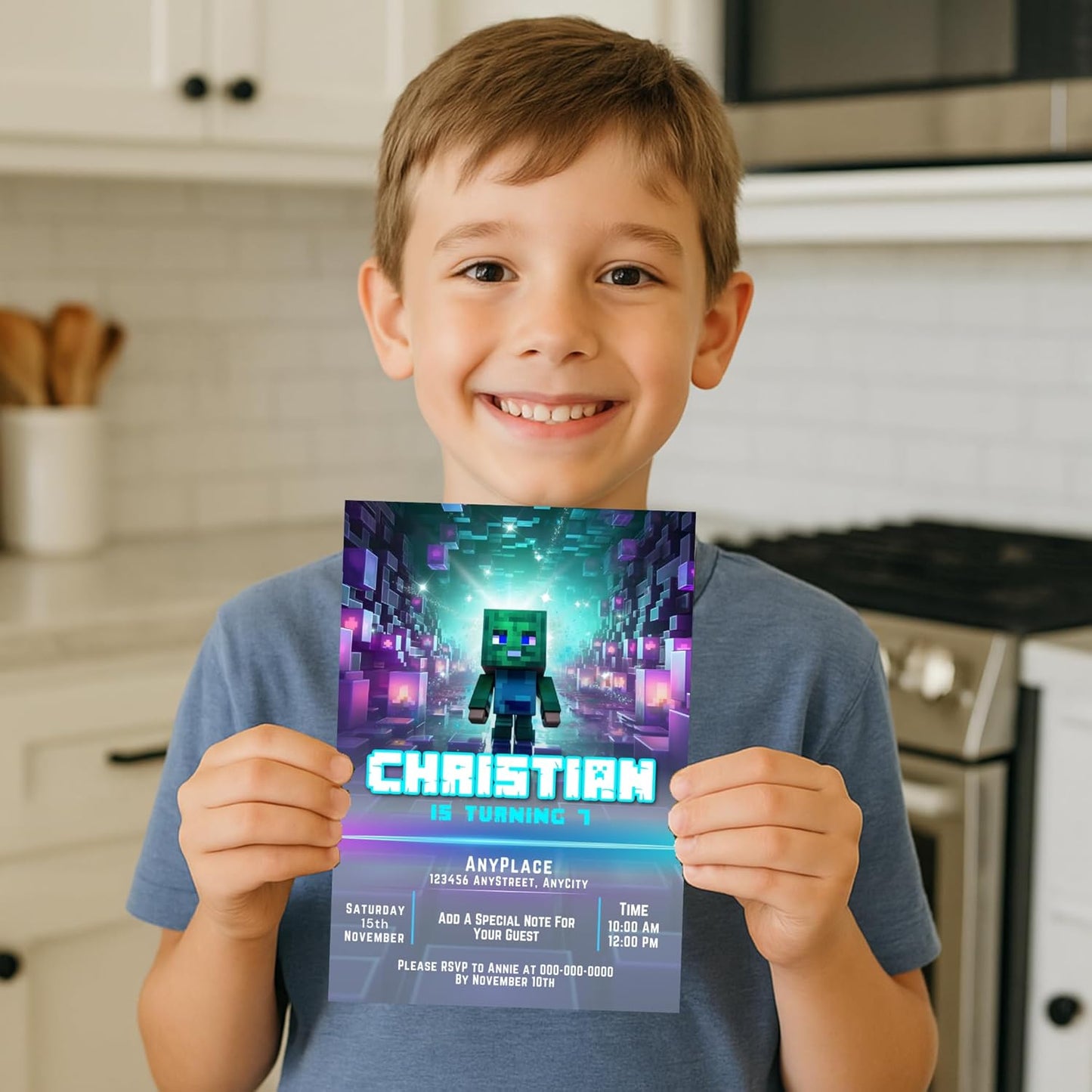 Fully Customizable minecraft Birthday Party Invitations, 4 x 6 inches, with Self-Sealing Envelopes, Gaming Theme Design, minecraft Birthday Invitations for Boys and Girls (Minecraft/Block)