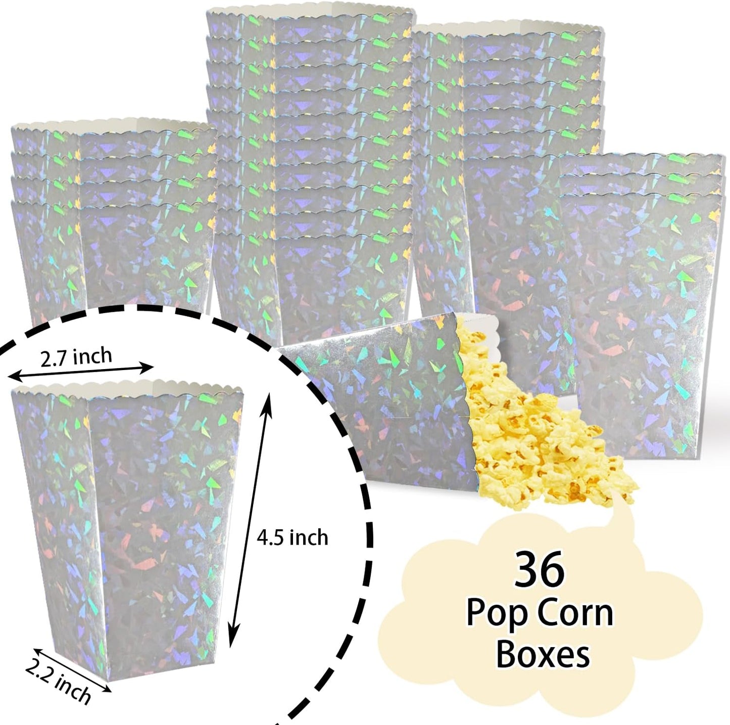 24 Pcs Silver Foil Popcorn Boxes 2 x 4.5 x 2.7 inch Mini Popcorn Boxes Cardboard Popcorn Container for Party Disposable Snack Popcorn Bags