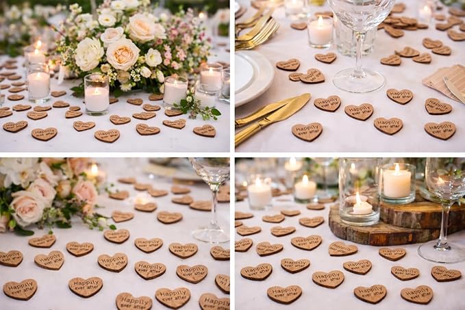 Wooden Heart Confetti ~ Happily Ever After ~ Wood Hearts, Wood Confetti Engraved Love Hearts- Rustic Wedding Table Scatter (100 count)