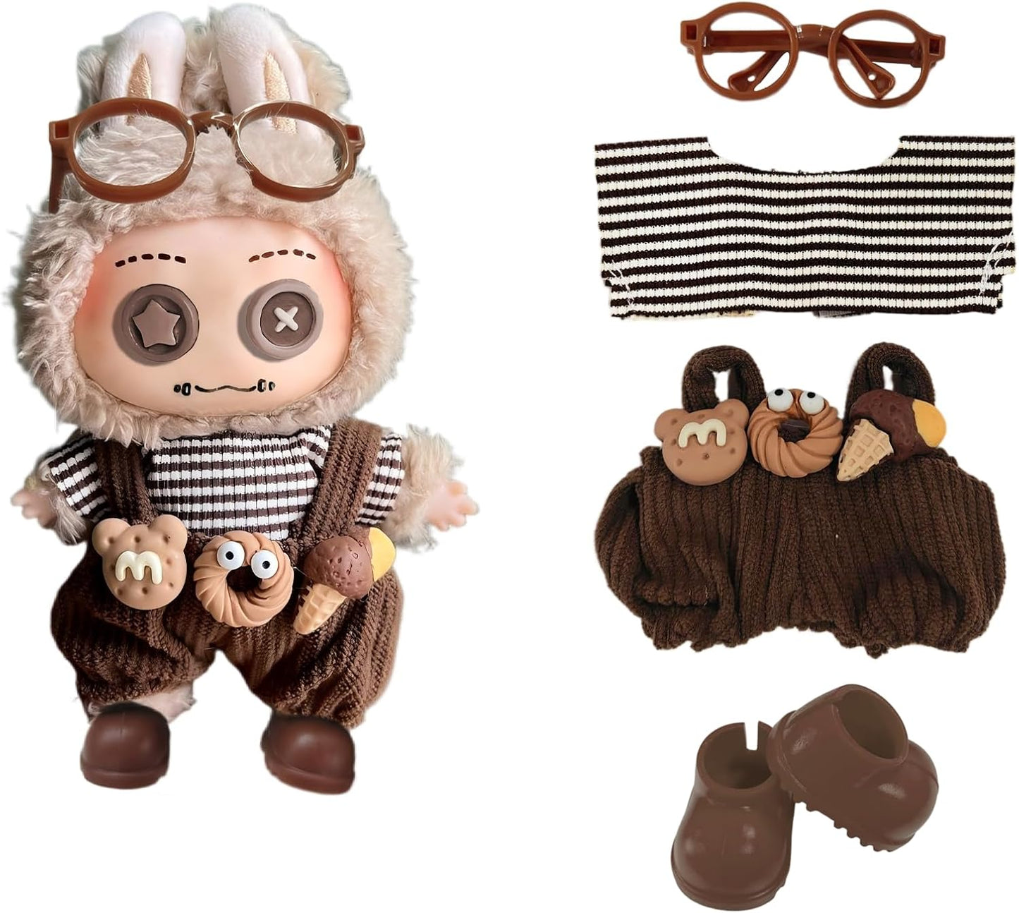 Doll Clothes for 17cm Dolls (No Doll Included) - Stylish and Adorable Outfits for Boys and Girls, Toy Fashion Accessories, Include Glasses, Canvas Shoes(Brown)