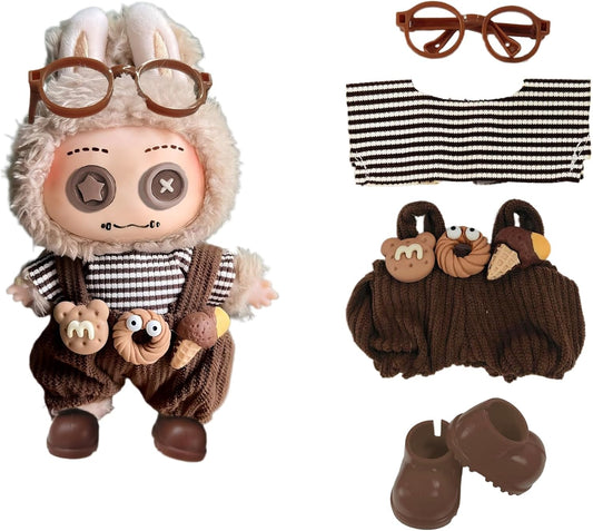 Doll Clothes for 17cm Dolls (No Doll Included) - Stylish and Adorable Outfits for Boys and Girls, Toy Fashion Accessories, Include Glasses, Canvas Shoes(Brown)