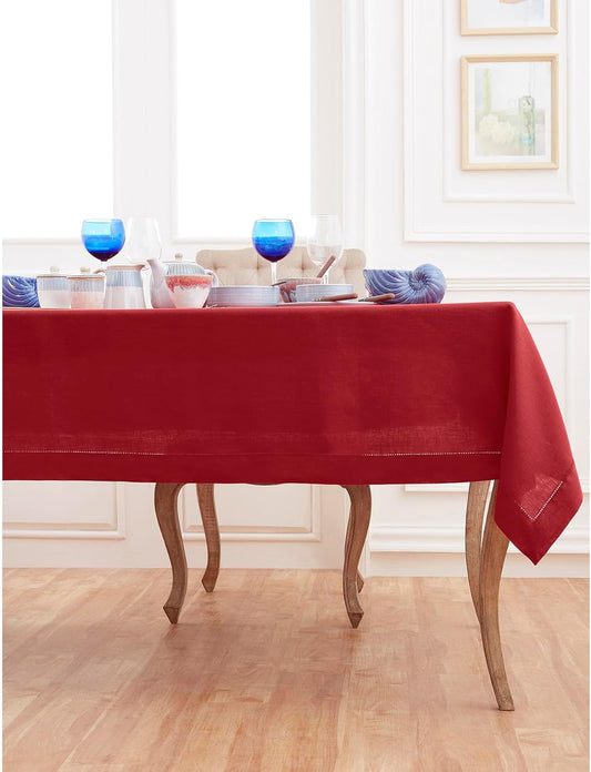 Solino Home Linen Tablecloth for Rectangle Tables 60 x 156 Inch - Classic Hemstitch 100% Pure Linen Red Table Cloth - Machine Washable Cloth Tablecloth for Christmas, Holiday