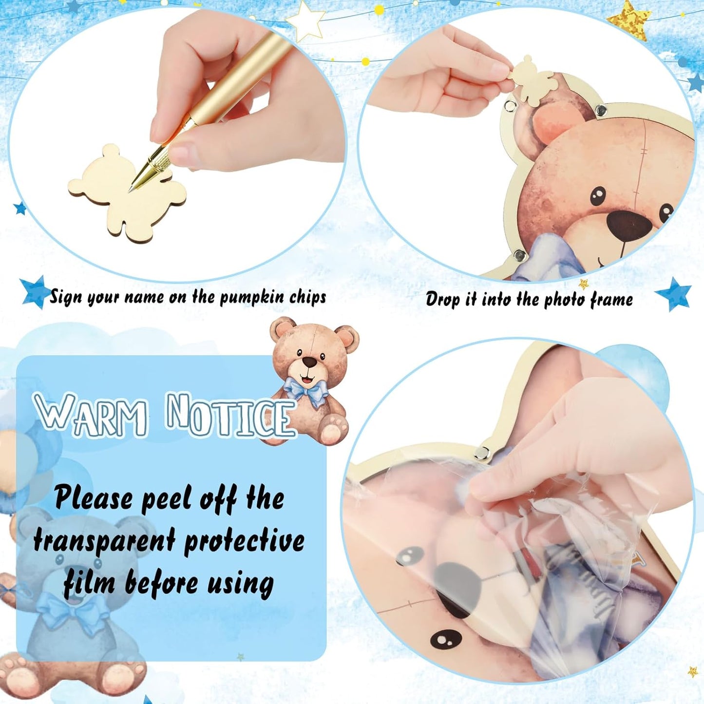 Wenqik 63 Pcs Bear Baby Shower Guest Book Alternatives Set Baby Shower Decorations with Photo Frame Sonogram Frame Keepsake 60 Wood Slices Guest Book for Birthday