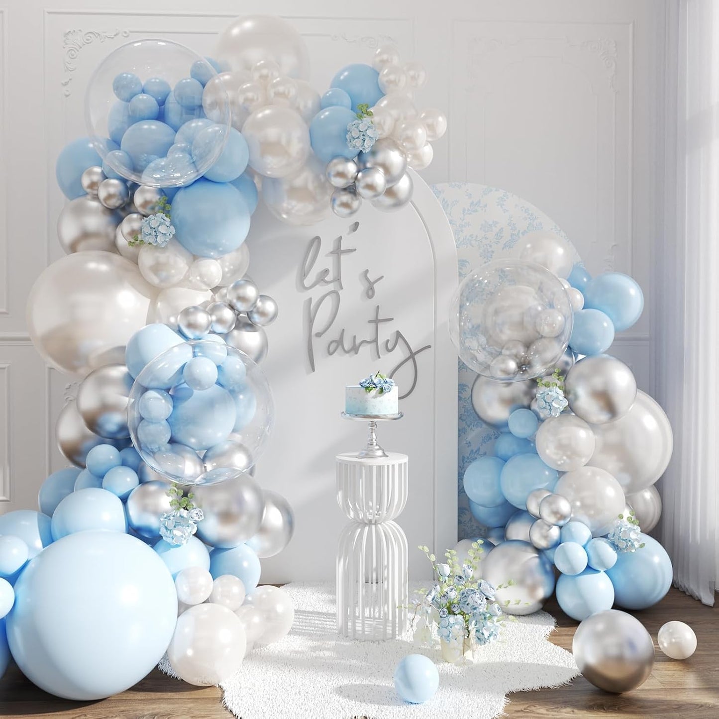 Blue and Silver Balloon Arch Kit Blue Pearl White Clear Balloon Garland Kit for Wedding Birthday Baby Shower Gender Reveal Bridal Engagements Decorations