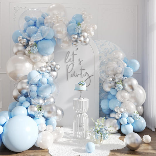Blue and Silver Balloon Arch Kit Blue Pearl White Clear Balloon Garland Kit for Wedding Birthday Baby Shower Gender Reveal Bridal Engagements Decorations
