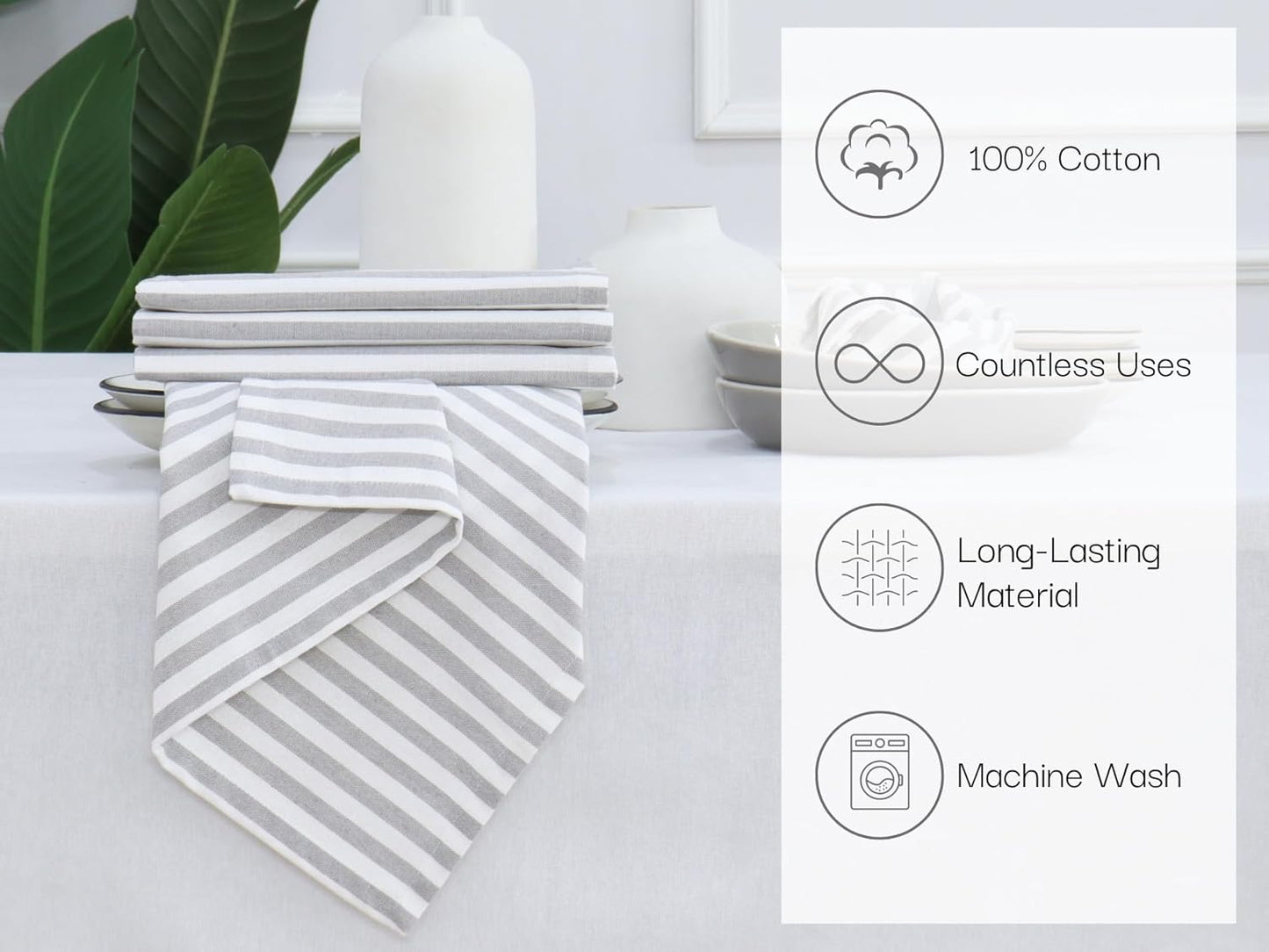 PurpleEssences Plain Striped Cloth Napkins - Set of 12-100% Cotton - 18 x 18 Inch - Fall Thanksgiving - Perfect Everyday Use Dinner Napkin - Gray and White