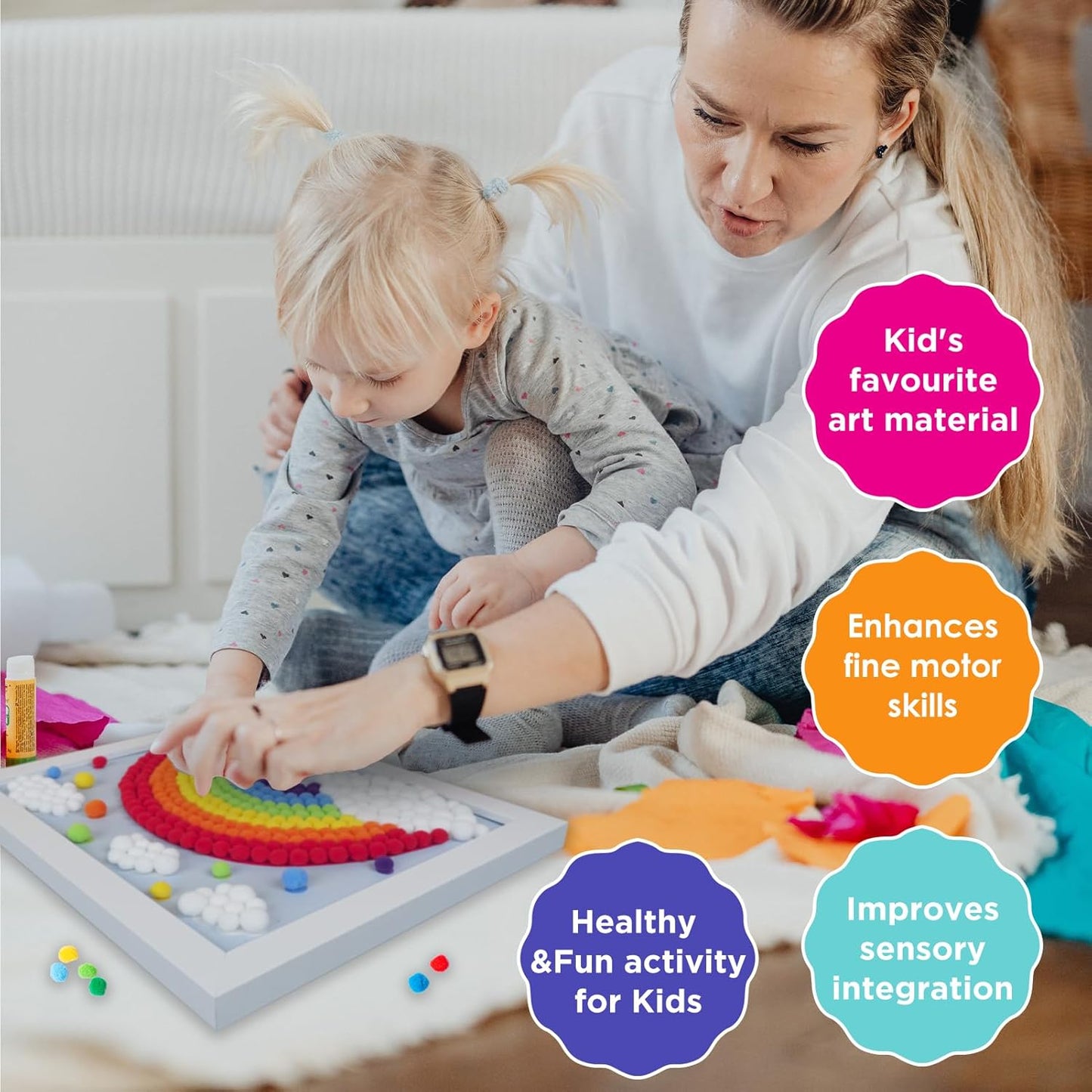 Funto Rainbow Painting Art Kit - 1100+ Pom Poms, Canvas and Sturdy Frame for Home Decor, Artistic Crafts for Kids