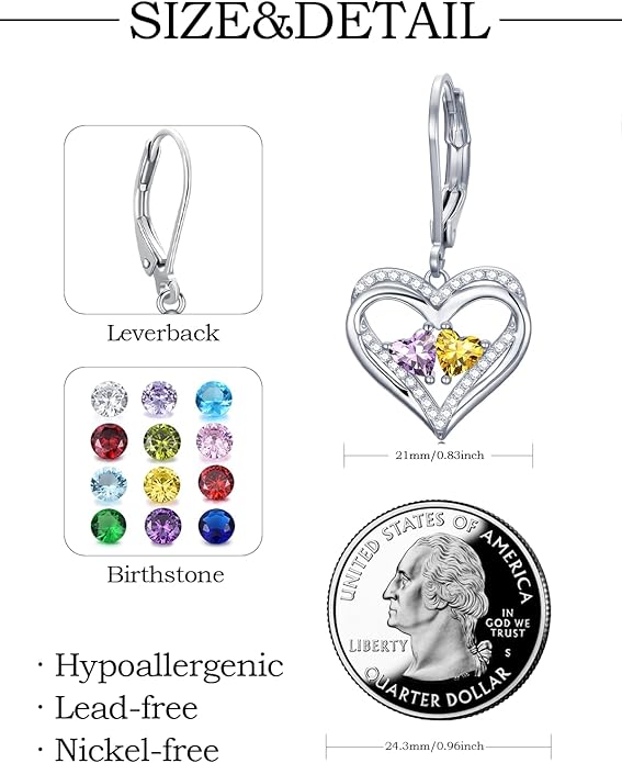Valentines Day Gifts for Women, Heart Leverback Earrings Double Birthstone Dangle Earrings for Women, Love Jewelry for Her, Anniversary Birthday Gift for Mom Wife Girlfriend