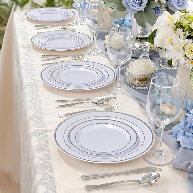 100PCS White Plastic Plates, 10 Inch Disposable Dinner Plate Party with Silver Rim, Heavy Duty Disposable Plastic Plates for Party, Wedding and Birthday